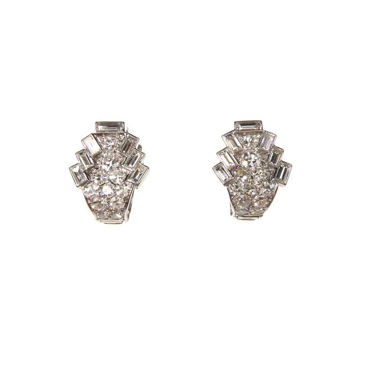 Pair of Art Deco diamond fan cluster clip earrings of geometric design